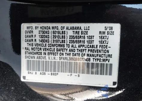 2008 Honda Odyssey Ex-L z USA, uszkodzony, nr VIN 5FNRL38608B077408